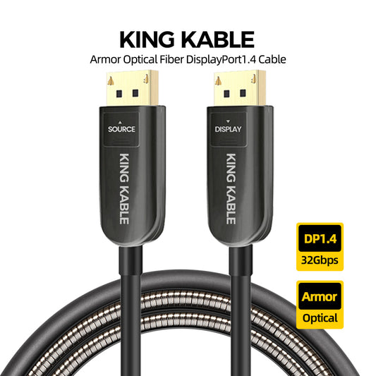 KING KABLE Armor Optical Fiber DisplayPort1.4 Cable 32.4Gbps DP1.4 Cord 8K60 4K144 G-SYNC 50M 100M For Samsung LG Asus MSI Acer PC Host Monitor Graphic Card Nvidia rtx4090 AMD rx6900 DP004